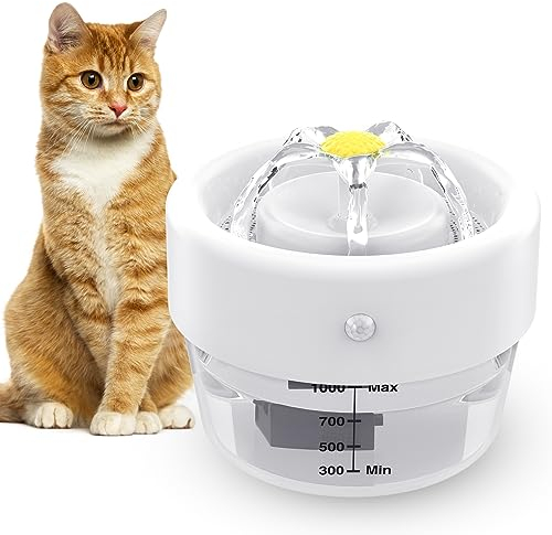 Jewyow Katzenbrunnen Kabellos, 1L Ultraleiser Katzenbrunnen,1000mAh Batteriebetriebene Katzenbrunnen mit Bewegungsmelder, Filter, Zwei Auslaufmodus,120 Weitwinkel Indukor für Katzen, Hunde