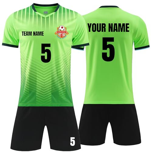 Faletony Personalisiertes Fussball Trikot Kinders Erwachsene Fusstball Shirt & Shorts Set mit Name Nummer Team Logo Personalisierte Fußballtrikot Jungs Mädchen (Polyester, Grün)