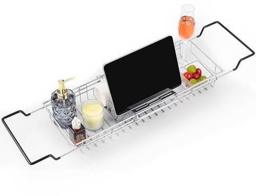 TAILI Bandeja de baño de Acero Inoxidable, Bandeja de baño Extensible Ajustable para bañera con Vela, Copa de Vino, Libro, iPad y Soportes para teléfono sobre la bañera con Accesorios de