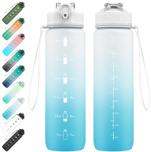 EYQ 1L Trinkflasche, Wasserflasche mit Strohhalm, Tritan BPA Free Auslaufsicher Sport Flasche, Sportflasche mit Zeitmarkierung für Schule Fitness Gym Sport
