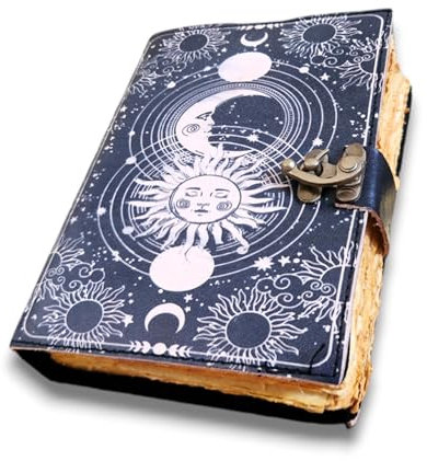 Leder-Tagebuch im Vintage-Stil, Motiv: Sonne und Mond, handgefertigt, 200 Seiten, C-Lock (Schwarz, 25,4 x 17,8 cm)