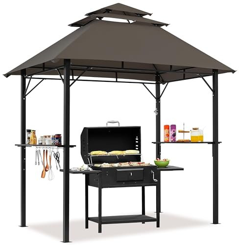 Yaheetech Grill Gazebo, 3-tier Outdoor BBQ Gazebo with Height-adjustable Shelves & 10 S-shaped Hooks & Built-in Bottle Opener, 2.4x1.5m, Brown