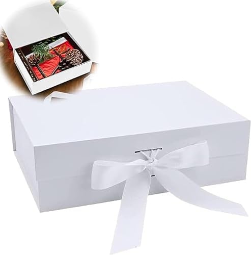 Magnetische Geschenkkarton mit Deckel, Geschenkbox mit Schleife, Wiederverwendbare Geschenk Verpackungsbox,Geeignet für Geburtstage, Hochzeiten, Jubiläen, Weihnachten und mehr (Weiss)