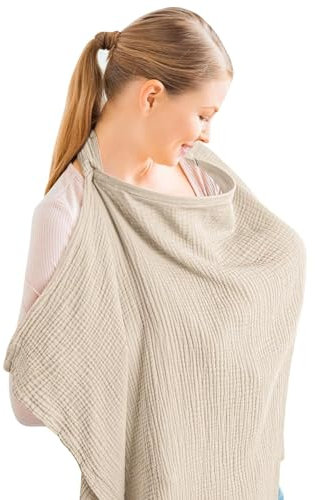 Breastfeeding Cover, Muslin Soft Cotton Nursing Cover, Breast Feeding Coverall with Adjustable Strap, Nursing Cover Breastfeeding Lightweight Breastfeeding Shawl for Outdoor(Khaki)