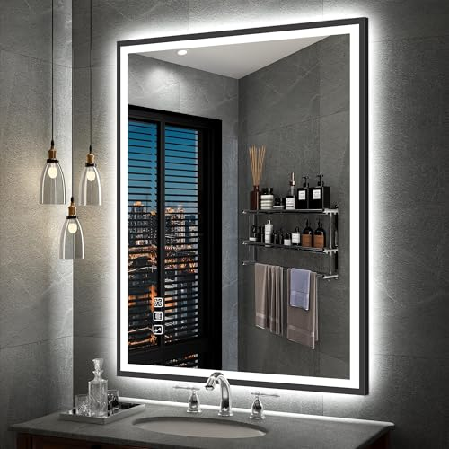 S'bagno 60x80cm Miroir-LED-Salle-de-Bain-avec-Eclairage, IP44 Miroir Salle de Bain LED Cadre en Aluminium Noir, Bluetooth Miroir Lumineux Salle de Bain Désembueur/ 3 Couleurs/Gradation/Mémoire