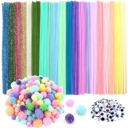 TOAOB 500 Stück Bunt Pfeifenreiniger Set Enthalten Chenilledraht Pompons und Selbstklebend Wackelaugen Verschiedene Größen für Handwerk Dekoration