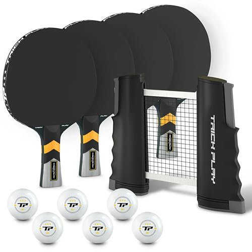 TRICKPLAY Professional Ping Pong Net for Any Table | Portable Anywhere Table Tennis Set with Retractable Net, 2 and 4 Paddle Set, 3-Star Balls, Fitted Storage Case (4 Player Set)