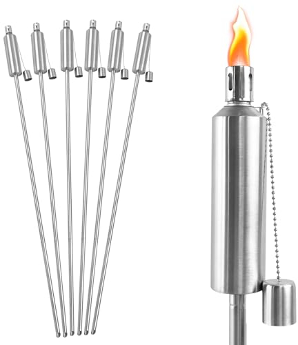 FIVMEN 6 Stück Gartenfackel Edelstahl Öllampe Öl 330ml mit Glasfaserdocht und Dochte Ölfackeln Fackeln Gartenfackeln für Draußen Garten 115 cm Hoch