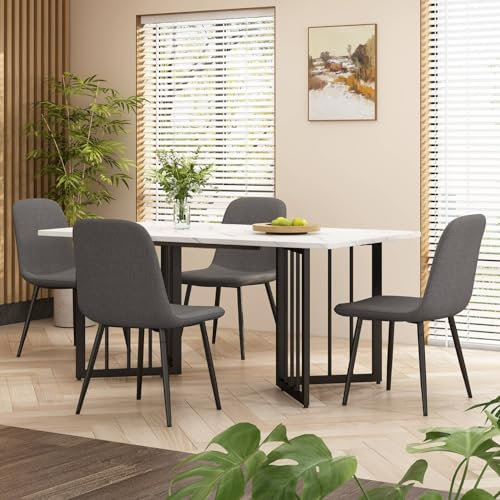 Table de cuisine (1 pièce) 140 x 80 x 75 cm Table à manger avec motif marbre moderne avec pieds réglables, pieds de soutien en forme de V (noir et blanc, forme de V)