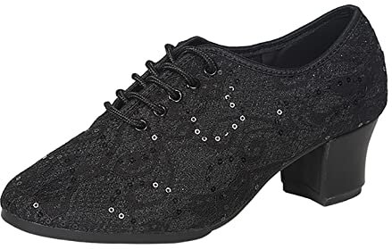 Freizeit Damen Pailletten Weiche Sohle Volltonfarbe rutschfeste Quadratische Absätze Schnürschuhe Runde Zehe Atmungsaktive Tanzschuhe Damen Schuhe Lack 40 (Black, 40)