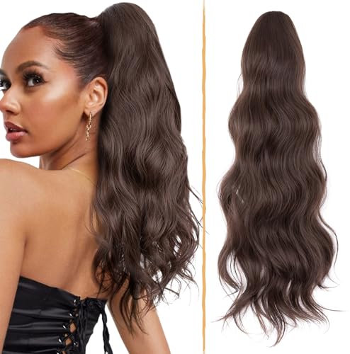 TESS Lange Pferdeschwanz Haarteil mit Kordelzug 66cm, Wellig Lockige Synthetische Ponytail Extension, Haarverlängerung Clip in Haarteile Haarzopf für Frauen Schokoladenbraun