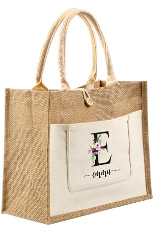 Jeweidea Personalisierte Jutetasche Gravierte Namen und Großbuchstaben Damen Tote Bag Tragetasche Einkaufstasche Shopper für Picknick Camping Strand Hochzeit Personalisiertes Geschenk (Weiß)