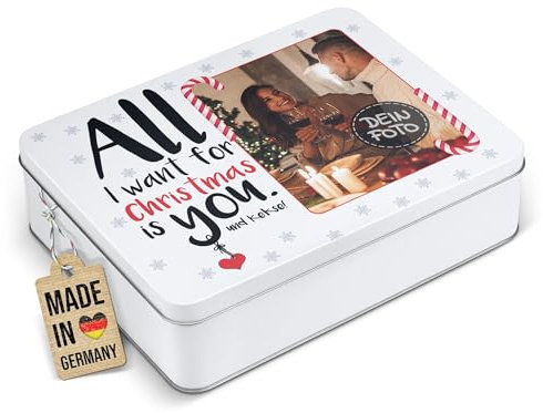 Print Royal PR Geschenkdose mit Foto personalisiert - All I want is you & Kekse - Blechdose bedrucken, Aufbewahrungsdose, Keksdose - Weihnachtsgeschenke | Rechteckig weiß, 2500 ml