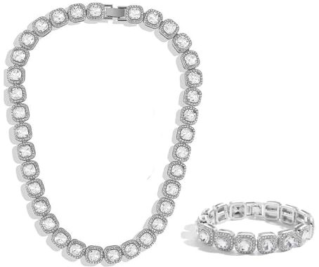 BSLVWG Herren Kubanische Link Kette Silber Miami Armband Bling Diamant Kristall Tennis Halskette Choker Funken Strass für Mens Damen 13MM Hip Hop Schmuck (Silber)