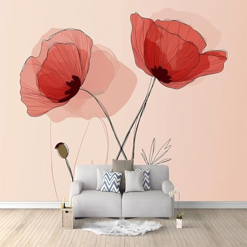 Papiers peints 350 x 256 cm Panoramique- Décoration murale moderne–pour chambre salon Motif Floral Rouge Dessiné Tapisserie Photo Décoration rose