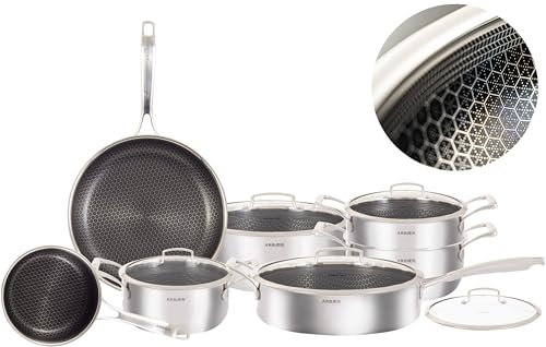 Arbaer 12-teiliges Pfannenset Topfset - mit Deckeln - Geeignet für Induktion, Gas, Elektro und Keramik - Honeycomb-Antihaftbeschichtung - hitzebeständige Griffe - PFAS-frei