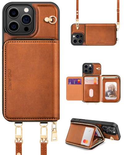 OCASE Hülle für iPhone 16 Pro Handyhülle, RFID-Blockierung PU-Leder Reißverschluss Handtasche Geldbörse Flip Cover, Kickstand Folio Case mit Kartenschlitzen Halter Handgelenkband Lanyard Braun