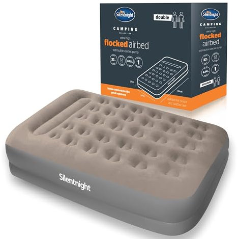 Silentnight Air Bed Double with Built in Pump - High Rise Flocked Non Slip Electric Airbed Comfortable Full Body Support Air Mattress for Guests, Camping, Caravans - Grey - Double