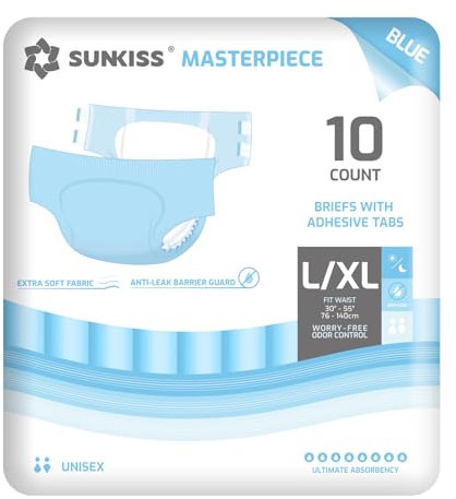SUNKISS Masterpiece Windeln für Erwachsene mit ultimativer Saugfähigkeit, Einweg Inkontinenz Slips für Männer und Frauen, mit Tabs, Auslaufschutz bei Blasenschwäche, Blau, Größe L/XL, 10 Stück