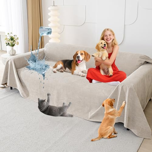 Loiion Wasserdichter Sofabezug Hund Katze 340x180cm Grau rutschfest | Hundedecke Schonbezug Couch Wasserabweisend Kratzfest Maschinenwaschbar Rutschfest Beidseitig Haustier 340x180cm