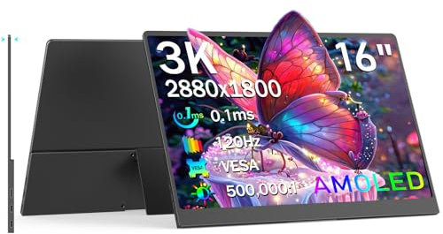 Newhail Monitor portátil OLED de 16, 3k 2880x1800 120hz 0,1ms Monitor portátil USB - C hdml, con soporte incorporado y altavoces 120% DC - p3, para ordenadores portátiles Windows Mac Phone ps5, negro