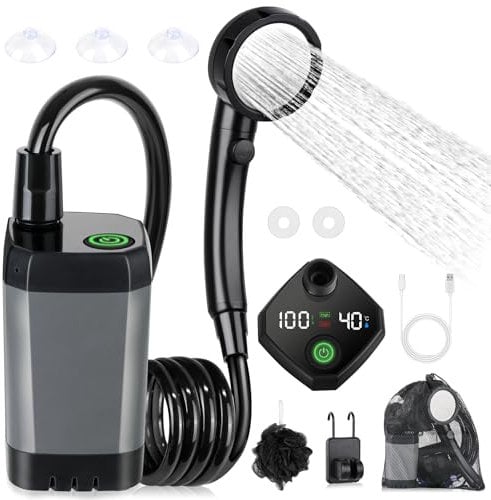 Tipkook Campingdusche mit Pumpe, Camping Dusche Tragbare, USB-Laden 60000mAh, Campingdusche mit Duschkopf und Schlauch, Mobile Dusche für Garten, Reisen, Strand, Haustierwäsch, Autowäsche