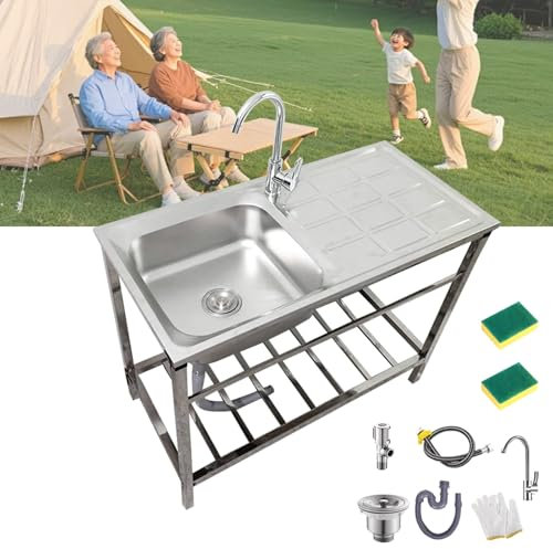 Fregadero De Acero Inoxidable Independiente con Grifo Fregadero Portatil Cocina Exterior Jardin 75x40x75cm Fregadero con Armario Bajo Para Exterior E Interior 1 Lavabo Fregaderos Industriales