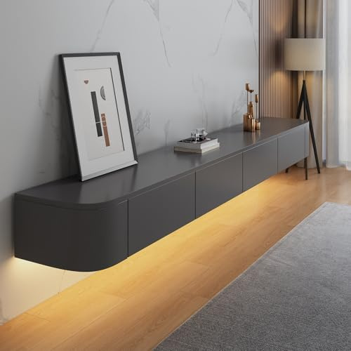 HYANXUE Floating TV Stand, Wall Mounted TV Shelves With Door,TV Media Console, Floating TV Cabinet Large Storage TV Bench Under TV (Gray+LED, 180CM/70.8)