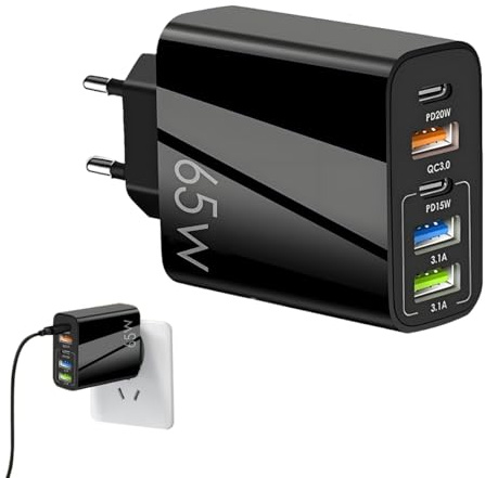 tiyiyok 65W USB C Ladegerät, Schnellladegerät mit 5 Anschlüssen, 3 USB A+2 USB C Ports, QC 3.0+PD+3.1A Power Adapter, Mehrfach Ladestecker, USB Netzteil, Kompatibel mit Handy, Tablet, Powerbank