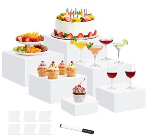 6 Stück Acryl Buffet Ständer - 3,4,5,6,7,8 Zoll Verschiedene Würfelgrößen Essen Display Ständer, Dessert-Ständer mit hohlen Böden, Weiße Display Ständer für Hochzeiten, Geburtstag, Dessert, Cupcake