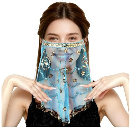 YUEXNKO Gesichtsschleier für Bauchtanz mit Pailletten, Bauchtanz Kostüm Festival Zubehör, Mädchen Schleier Kostüm Zubehör für Karneval, Cosplay, Party, Tribal, Halb