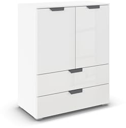 Rauch Möbel ADITIO, Kommode, Farbe Glas Weiß, Breite 80 cm | Highboard im modernen Look, 2-türig,2 Schubladen, Glasfront, Soft-Close, für Schlafzimmer, Gästezimmer, Wohnzimmer, Flur