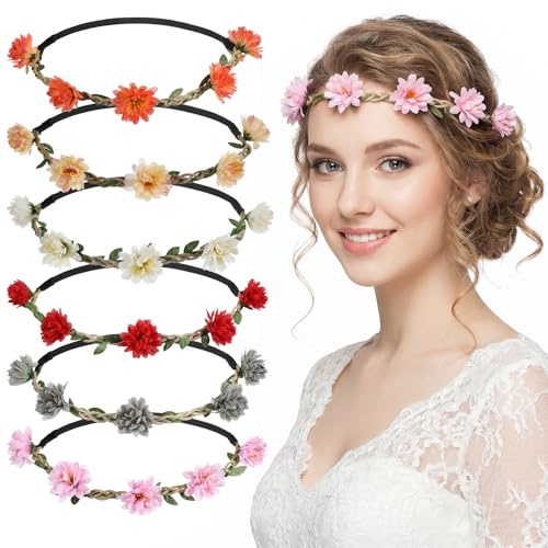 6 st blomkronor för kvinnor, blommigt pannband hårkrans boho blommig huvudbonad för bröllop, födelsedag, festivalfest, fotografering och daglig användning