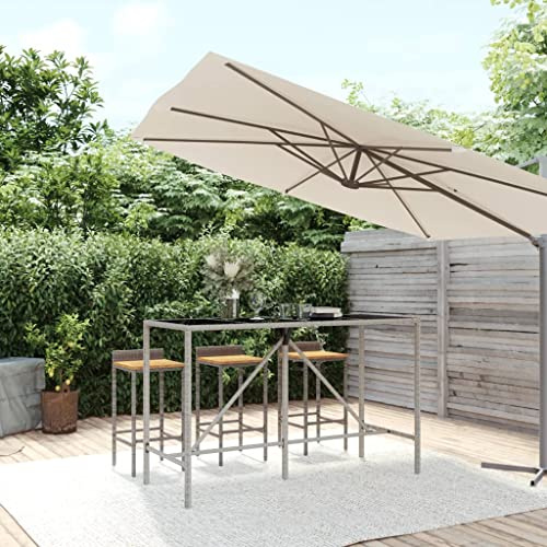 KGHFDVB Bartisch mit Glasplatte Grau 180x70x110 cm, wetterfester Stehtisch aus Poly Rattan und pulverbeschichtetem Stahlrahmen, Gartentisch mit Hartglasplatte für Terrasse und Garten