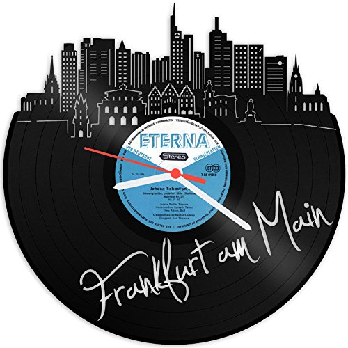 GRAVURZEILE Schallplattenuhr - Skyline Frankfurt am Main - Wanduhr aus gegossenem Vinyl mit Stadt Skyline 30 cm - Upcycling Design-Uhr Wand-Deko Vintage Wand-Dekoration Retro-Uhr - Made in Germany