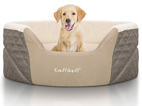 Knuffelwuff Orthopädisches Hundebett Lena aus Velours und Kunstleder mit hohem Schaumstoffrand M-L 70 x 50cm Braun/Beige - Rutschfester Unterboden - Leicht zu Reinigen EU