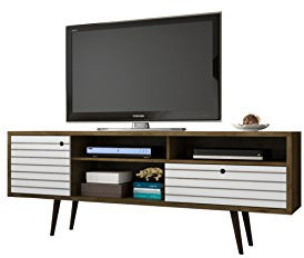 Manhattan Comfort Liberty Collection Mid Century Modern TV Stand With One Cabinet and Three Open Shelves and One Cubby With Splayed Legs, White/Wood