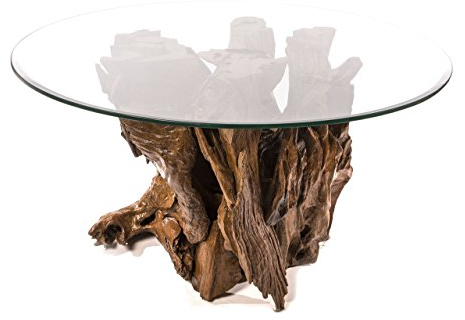 Windalf Rustikaler Teak-Wurzeltisch mit Glas BÂCHÂRDÍ 61 cm Hoher Couchtisch Bohemian Gartentisch Unikat Handarbeit aus Wurzelholz