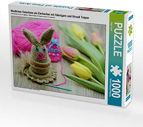 CALVENDO Puzzle Niedlicher Osterhase als Eierbecher mit Häkelgarn und Strauß Tulpen 1000 Teile Puzzle quer | 1000 Teile Lege-Größe 64 x 48 cm Foto-Puzzle für glückliche Stunden