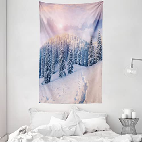 ABAKUHAUS Berg Wandteppich und Tagesdecke, Idyllische Wintermorgen aus Weiches Mikrofaser Stoff Waschbar ohne Verblassen Digitaldruck, 140 x 230 cm, Rosa und Weiß