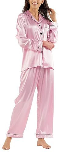 Ensemble de Pyjama pour Femme en Satin et Soie à Manches Longues/Courtes, boutonné, Couleur Unie, pour Toute l'année - Rose - Large