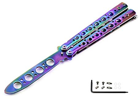 AITE - Navaja mariposa, para entrenamiento, para practicar, arcoíris, metal, de acero, desafilado, con funda, violeta