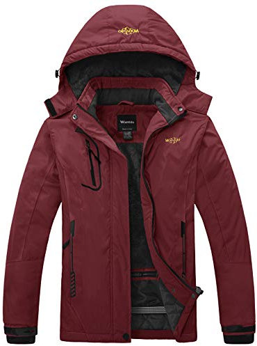 Wantdo Femme Veste de Ski Outdoor Manteau d'hiver Chaud avec Capuche Amovible Veste Imperméable Coupe-Vent Veste Randonnée pour Voyage Rouge Vineux M