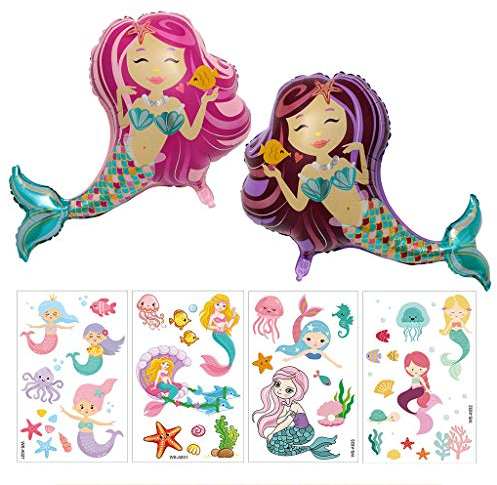 Feelairy 2 stück Meerjungfrau Luftballon Folienballon Tiere Helium Folie Ballons mit 4 Pcs Mermaid Tattoos Mitgebsel für Kinder Geburtstag Party Lieferungen Meerjungfrau Deko Spielzeug (Meerjungfrau)