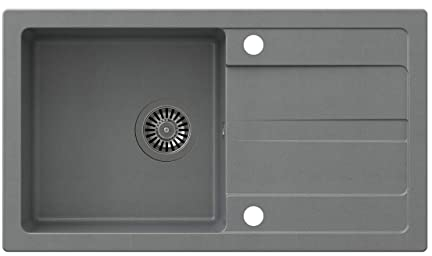 VBChome Spüle 77 x 44 cm Grau Granit Einzelbecken Einbauspüle Abtroffläche gesprenkelt reversibel Verbundspüle + Siphon Spülmittelspender