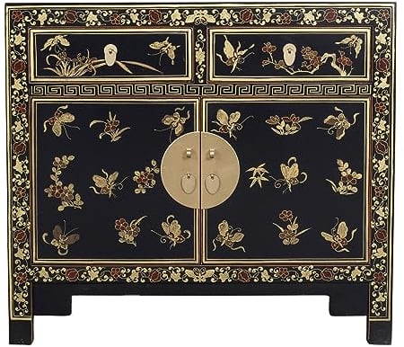 Fine Asianliving Chinesischer Schrank Schwarz Schmetterlinge Handbemalt - Orientique Kollektion B90xT40xH80cm Hochzeitsschrank Orientalische Möbel Asiatische