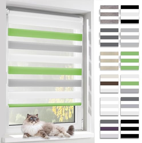 BelleMax Doppelrollo Klemmfix ohne Bohren & mit Bohren, 65x120cm(BxH), Weiß Grau Grün, Duo Rollo, Sonnenschutz lichtdurchlässig Blickdicht, Klemmrollo Fensterrollo, Rollos für Fenster und Tür