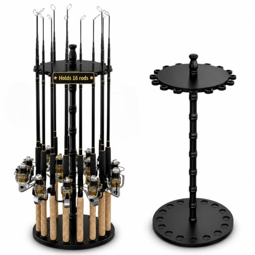 Rush Creek Creations | 16-Rod Fishing Rod Holder, Industrial Wall Mounted Tiered Shelf, Steel, Revolving, Large, For Garage Fishing Gear Organization
