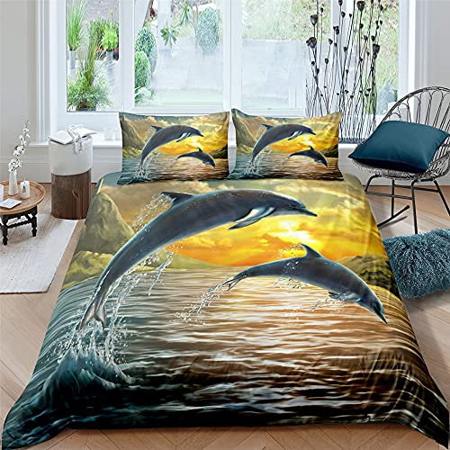 FANSU Bettwäsche Set, Bettbezug mit Reißverschluss und Kissenbezüge 3 Teilig Weiche Bequem Mikrofaser Bettwäsche-Sets für Kinder und Erwachsene - 3D Ozean Delphin (Sonnenuntergang,230x260cm)