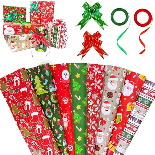 Geschenkpapier Weihnachten, 8 Pcs Geschenkpapier Weihnachtspapier rot, Weihnachtsgeschenkpapier Mit Weihnachtsband und Dekorativer Schleifengirlande, Weihnachten oder Geburtstags geschenkpapier set